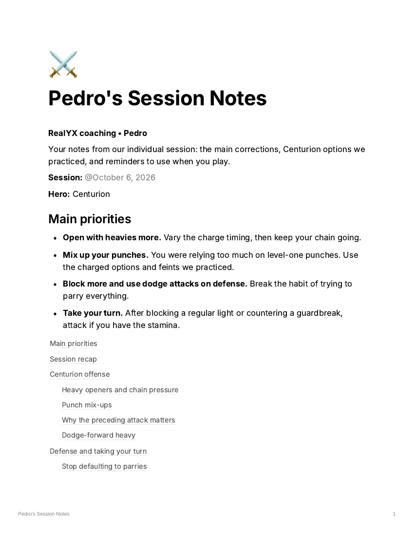 First page of an example coaching recap, showing session priorities and practice notes