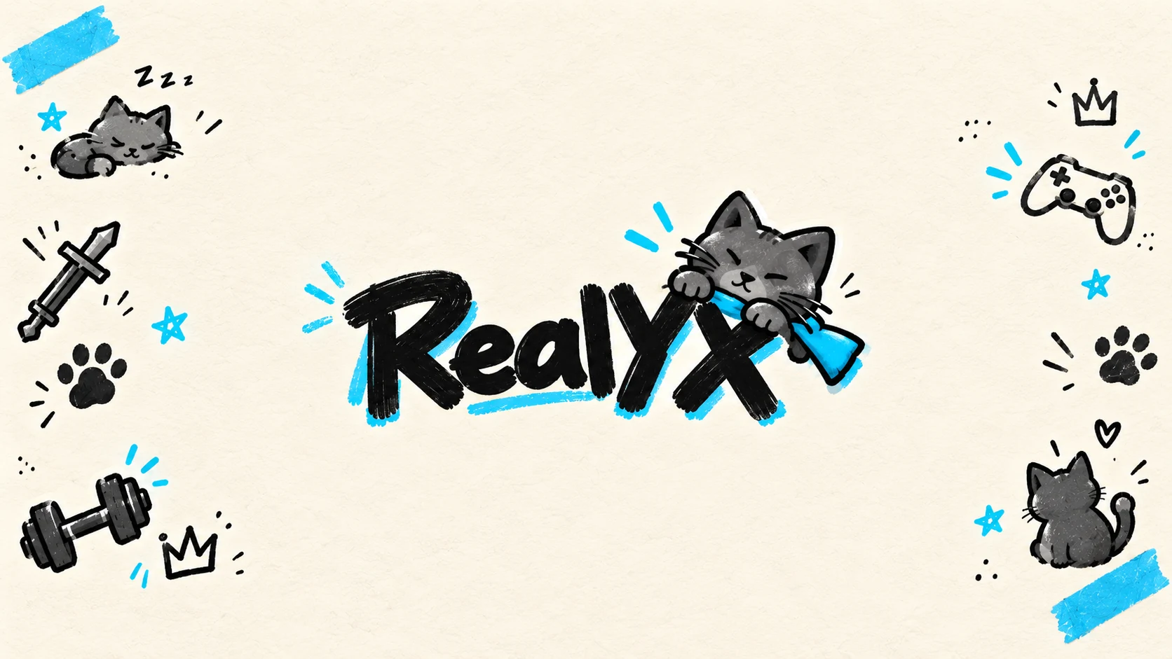 RealYX illustrated banner with playful cat, gaming and fitness doodles